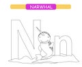 Letter N and funny cartoon narwhal. Coloring page. Animals alphabet a-z. Cute zoo alphabet in vector for kids learning English voc Royalty Free Stock Photo